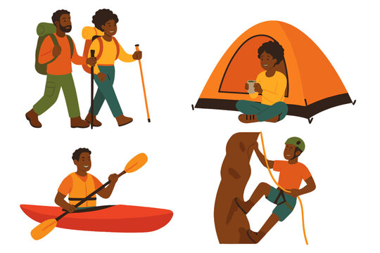 Diverse group enjoying outdoor adventure activities against clean white background