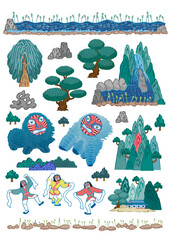 Modern Spirit of Korean Mask Dance in Korea’s Scenic Nature. Template design for stickers and icons.