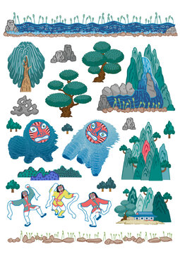 Modern Spirit of Korean Mask Dance in Korea&rsquo;s Scenic Nature. Template design for stickers and icons.