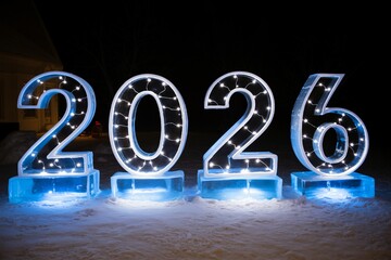 2026 typography – glowing ice neon reflection, blue light futuristic background, cold design theme