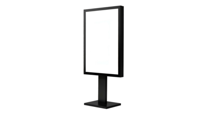A tall, black, free-standing rectangular sign with a bright white, blank display on a black background