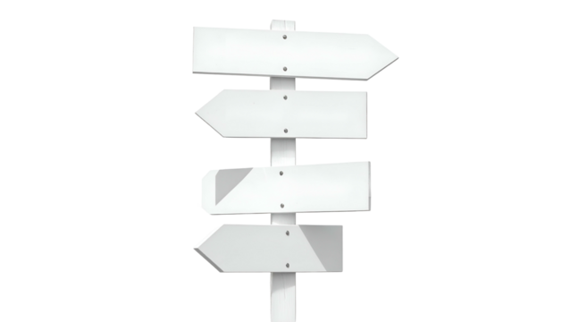 Isolated white blank directional sign with four arrows on a black background