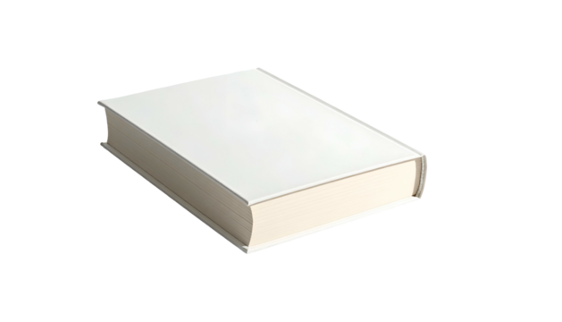 A closed, off-white book with a slight shadow, isolated on a black background