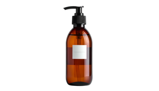 A clear liquid amber bottle with a black pump, label, and minimalist aesthetic, isolated on black - Powered by Adobe