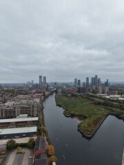 Aerial view of Manchester skyline with views of the rivers leading into the city. Manchester England. 