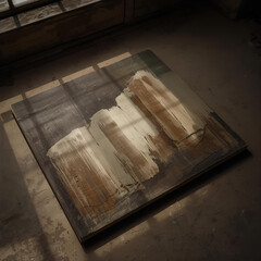 An abstract painting or artistic panel lies flat on the dusty, worn floor of a dilapidated or abandoned studio.