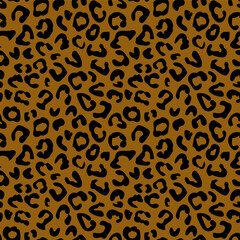 Seamless leopard fur pattern. Fashionable wild leopard print background. Modern panther animal fabric textile print design. Stylish vector black and brown color illustration.