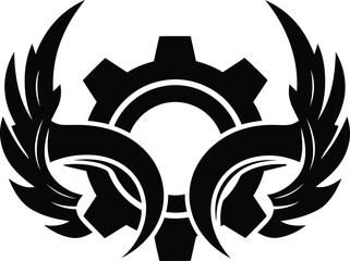 Gear and Winged Design Illustration Black and White Technical Symbolism Concept