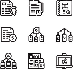 Collection of Business and Finance Icons Representing Documents Data and Organization document icon
