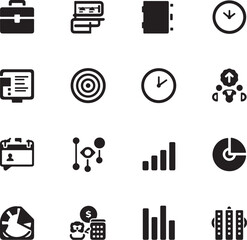 Collection of business and finance icons including briefcase, books, notebook, download arrow, report, target, clock, team, calendar, network, bar chart, pie chart, pie chart fragment, money and