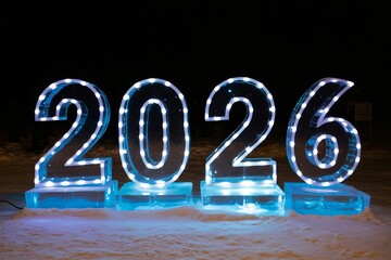 2026 typography – neon light glowing style, dark futuristic background, luminous modern concept