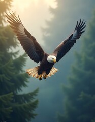 Fototapeta premium A magnificent American bald eagle soars high in the blue sky, wings spread in powerful flight as the ultimate symbol of wildlife freedom