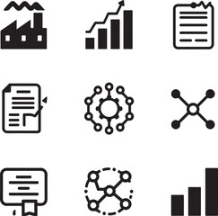 Collection of nine black business and finance icons including factory graph document and network