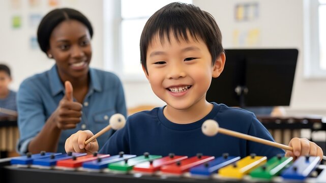 Musical Aptitude Thumbs Up: A joyful young Asian boy plays the xylophone in a classroom, receiving encouragement and a thumbs-up from his supportive teacher. - Powered by Adobe