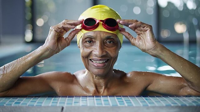  Anciana afroamericana  con gorro de natación y gafas en la frente apoyándose en el borde de una piscina