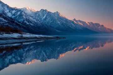 Fototapeta premium Reflection of snowy mountains in calm lake at sunrise