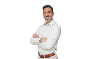 Confident mature businessman smiling, standing with arms crossed, portraying executive success and professionalism