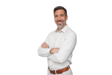Confident mature businessman smiling, standing with arms crossed, portraying executive success and professionalism