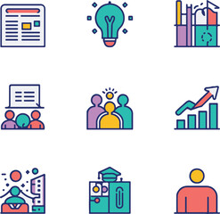 Colorful flat icons for education, business, and teamwork including a newspaper, lightbulb, bar chart, group of people, team huddle, growing graph, teacher at desk, graduation cap, and single person