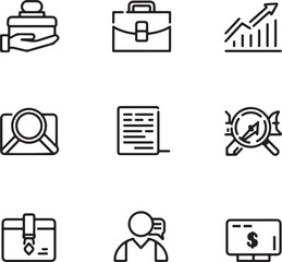 Collection of nine outline icons for business finance and technology including briefcase search and computer