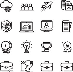 Diverse set of business and technology outline icons arranged in a grid on a white background cloud