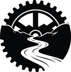 Road through the mountains with sunset inside a gear wheel icon logo
