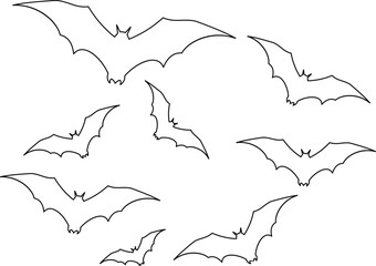 Bat icon set vector illustration designed sleek minimal lines and balanced silhouette, representing the mysterious nocturnal creature often associated with night, Halloween, mystery, and darkness.