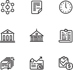 Nine outline icons for business finance and documents including network building clock and money
