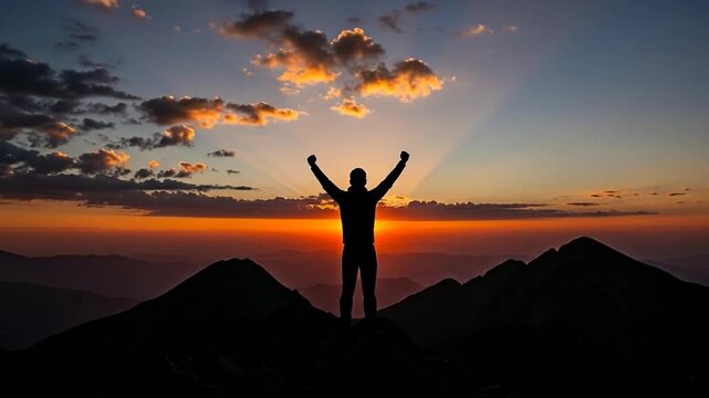Triumphant hiker silhouette celebrates summit success at sunset a powerful symbol video