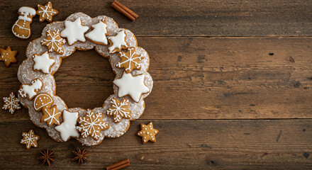 Sweet winter charm: a wreath of cookies and gingerbread decorated with stars, snowflakes and cinnamon sticks on a wooden table.
