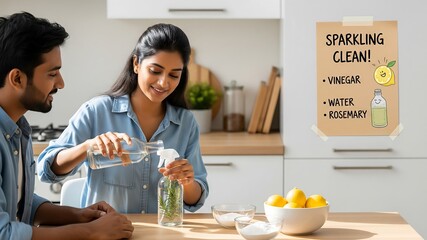 Eco-Friendly Cleaning Blend: A young couple prepares a natural cleaning solution with rosemary, vinegar, and water in their bright, modern kitchen.