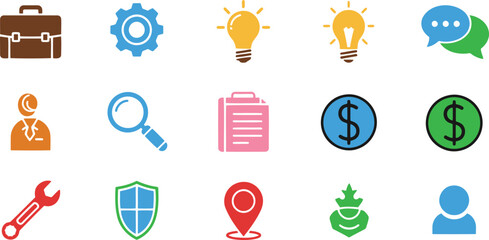 Colorful Business Icon Set with Gear Lightbulb and Money Symbols
