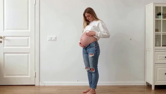 Joven mujer embarazada  descalza de pie con una sonrisa serena mientras acaricia su vientre