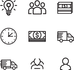 Set of Business and Finance Icons Including Lightbulb Money Clock Delivery Truck and People on White Background Keywords: business icon, finance icon, lightbulb icon, idea icon, innovation icon