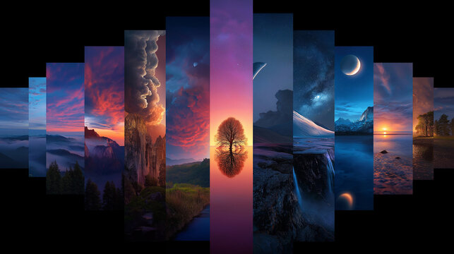 Surreale Bildcollage mit Silhouette zwischen verschiedenen Landschaften und Tageszeiten