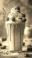 Delicious raspberry milkshake topped with whipped cream and fresh berries at a cozy dessert shop