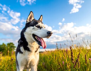 Close-up of a Siberian Husky in a sunny field, sky in the background