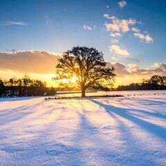 Winter scene of a tree, with sunset illuminating a snow-covered field