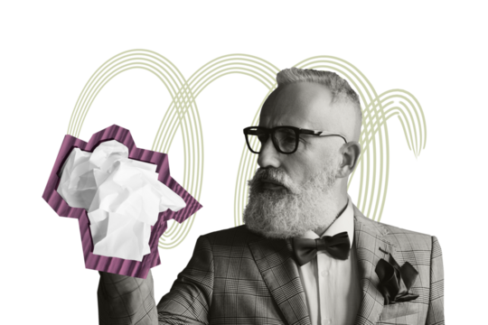 Creative picture elder gentleman festive outfit costume businessman rich entrepreneur paper trash fragment drawing background