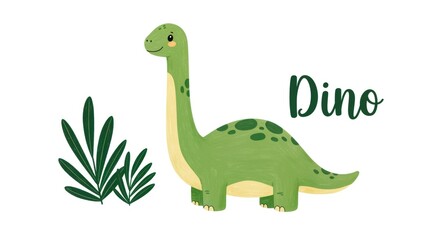 Naklejka premium Cute Green Brontosaurus Dinosaur with Tropical Leaves illustration animal prehistoric long neck herbivore reptile paleontology extinct