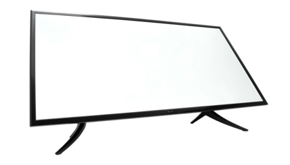 Angled, wide black rectangular screen with thin bezel, stands on two legs against a black backdrop