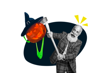 Composite trend artwork 3D sketch collage of happy halloween autumn holiday spooky season aged man hand hold axe broke pumpkin head hat