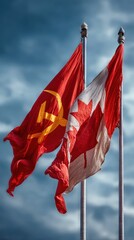 Flags of Canada and the Soviet Union waving against a cloudy sky