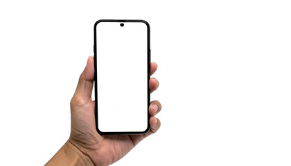 Hand holding a smartphone with a bright, empty white screen against a black background