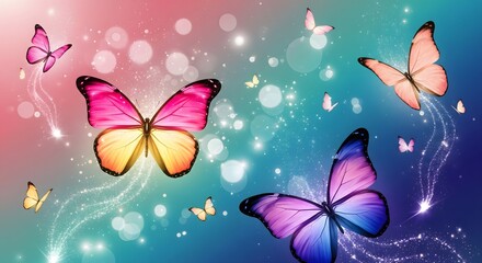 Magical scene with glowing colorful butterflies on a sparkling fantasy background. A beautiful and dreamy illustration of nature, freedom, and transformation.