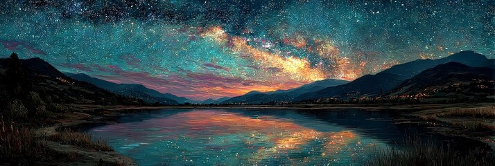 Night sky over a calm lake reflects the brilliance of stars and the Milky Way at twilight in a tranquil mountain setting