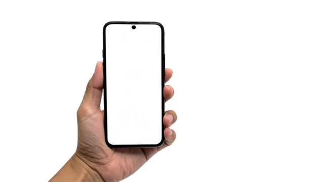 Hand holding a smartphone with a bright, empty white screen against a black background