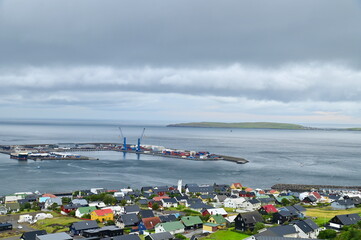 Aerial Landscape of Torshavn City with Moody Weather and Low Clouds in Faroe Islands