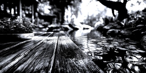 Serene wooden walkway by tranquil pond surrounded by lush greenery in a peaceful garden setting