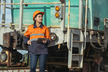 Young female engineer or railway worker holding digital tablet working, maintenance and inspecting quality at railway.